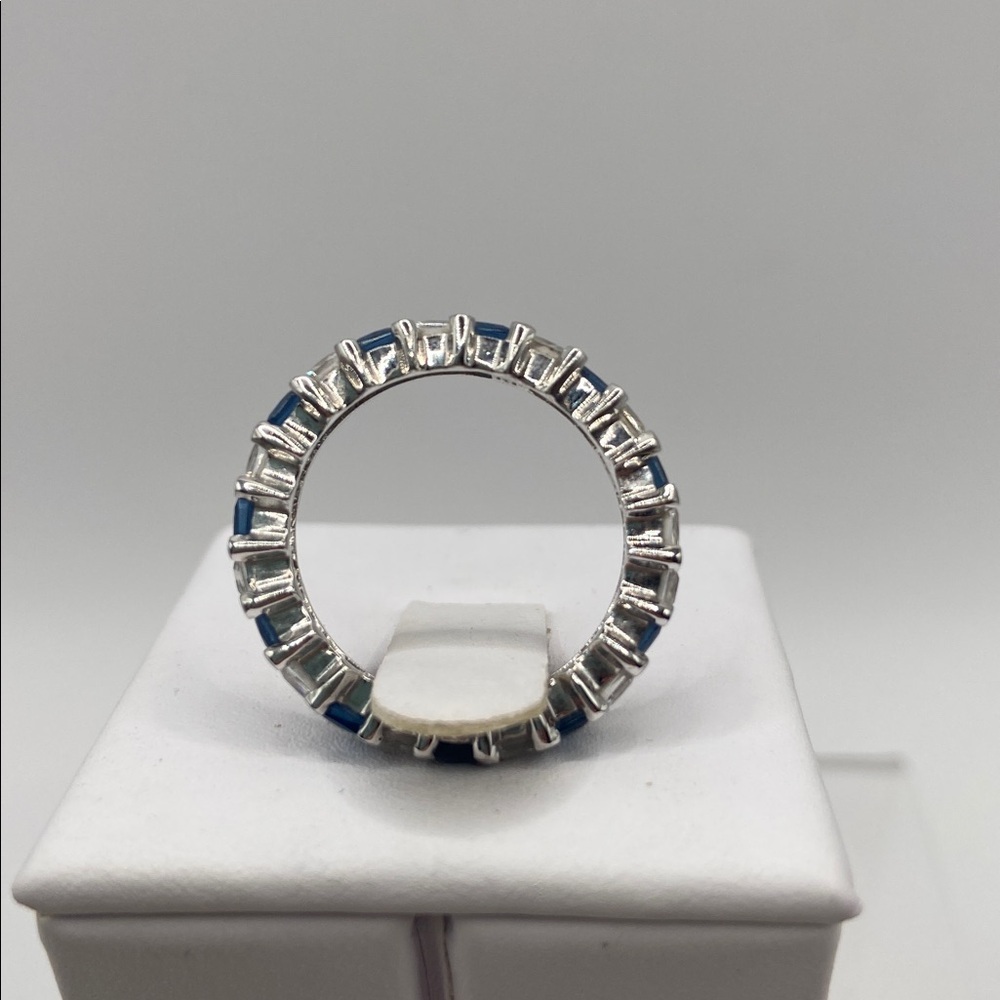 Sterling Silver Princess Cut Simulated Sapphire & Diamond Eternity Band Ring 7 - Picture 4 of 9
